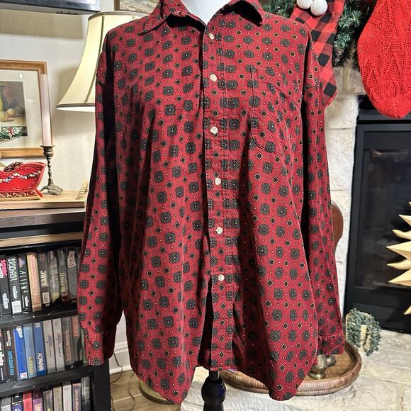 Vintage Cambridge Classics Corduroy Shirt Mens Red & Green Geometric L Button Up - Picture 1 of 7